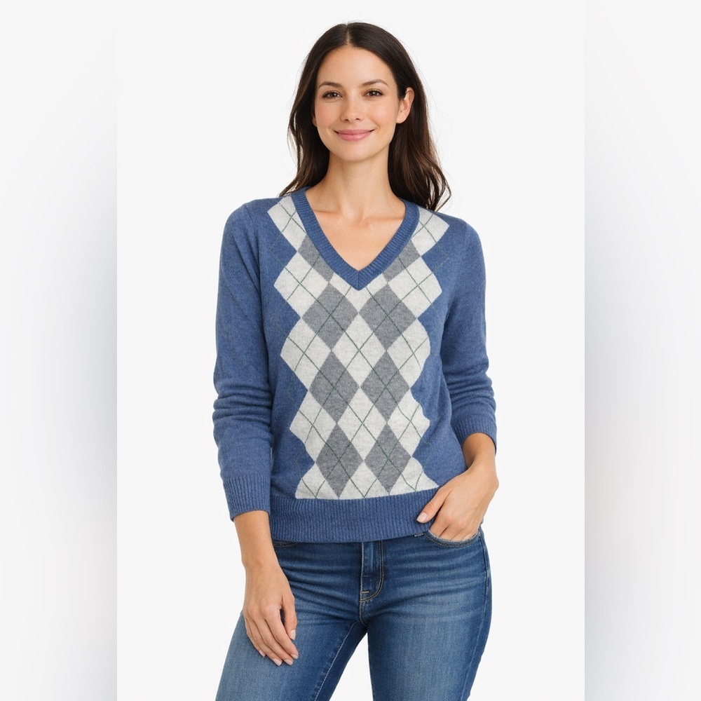Merona Blue Argyle V Neck Sweater Preppy Golf Grandpa Core Size XS